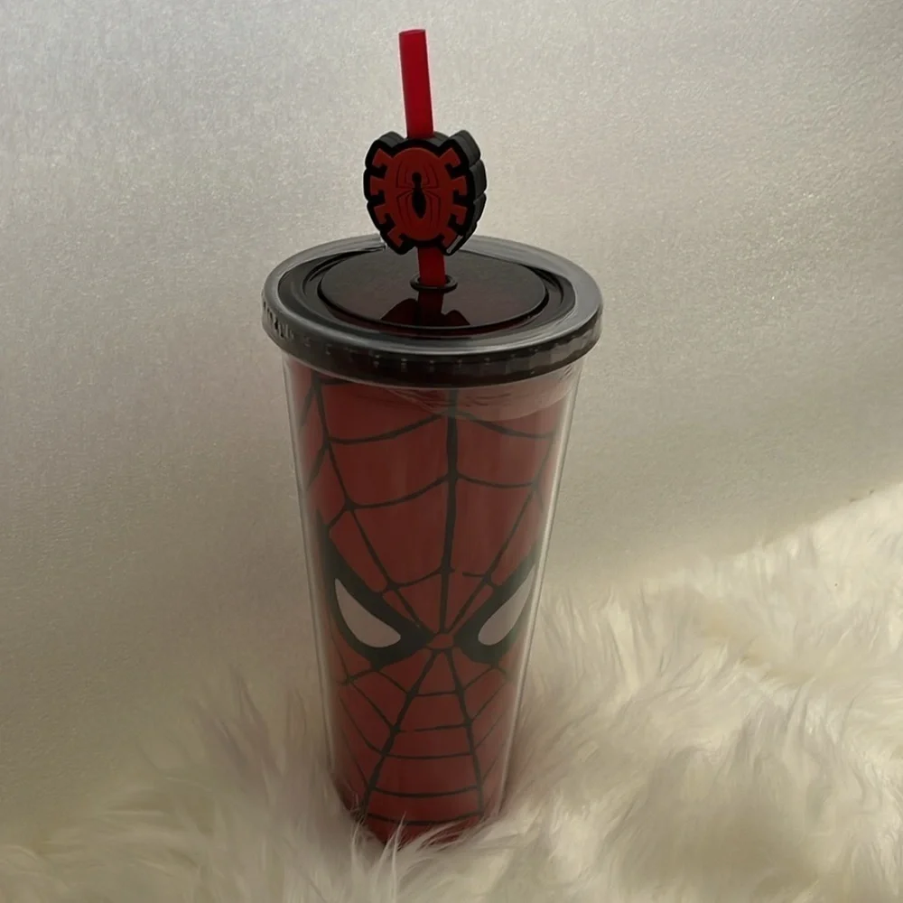 🆕 Marvel Spider-Man Plastic Cold Cup with Lid and Straw Topper 24 Ounces Travel